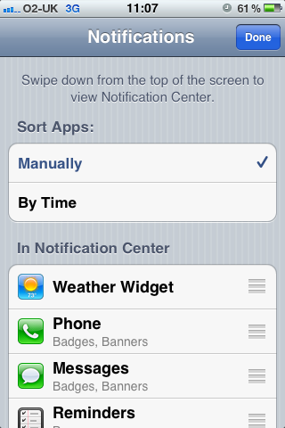 Change order of apps in iphone or ipad notification center 