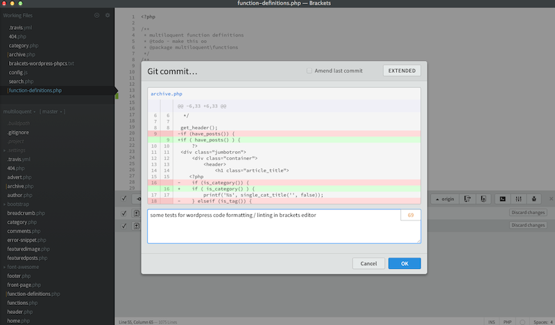 brackets editor with git and phpcs
